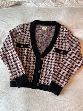 Maeve by Anthropologie Houndstooth Knit Cardigan Sweater  in Burgundy and Ivory